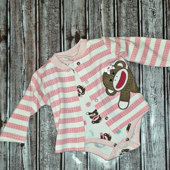Girls 3m Sock Monkey onesie snap shirt set - Picture 1 of 3